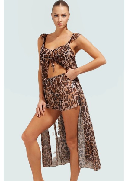 Leopar Desenli Şifon Plaj Takımı Yelek ve Şort Rahat Şık Yaz Kombininiz Profesyonel Görünüm fiyatları