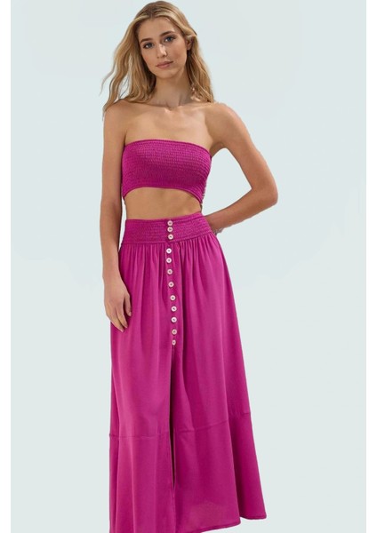 Viskoz Dokuma Uzun Bluz Etek Takım Dik Yaka Balon Kol Plaj Şıklığı Günlük Kullanım Için fiyatları