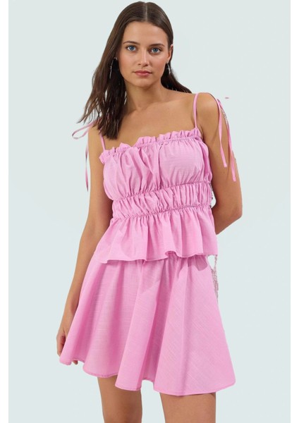 Rahat Yazlık Plaj Takımı Pamuk Mini Bluz Etek Büzgü Detaylı Reglan Kol Günlük Kullanım Için