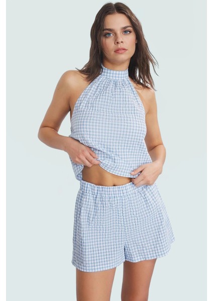 Yazlık Plaj Takımı Ekose Gofre Dokuma Bluz Şort Profesyonel Görünüm Dayanıklı Malzeme