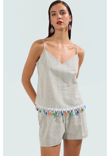 Rahat Plaj Takımı V Yaka Kolsuz Bluz ve Şort Keten Görünümlü Dokuma Kumaş Dayanıklı Malzeme fiyatları