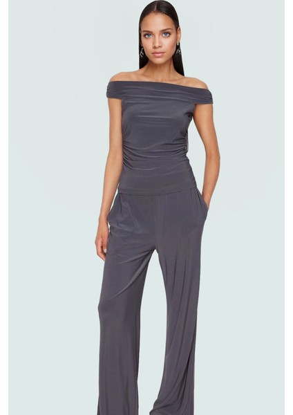 Rahat ve Şık Örme Bluz Pantolon Takım Carmen Yaka Geniş Paça Uzun Boy Mükemmel Uyum