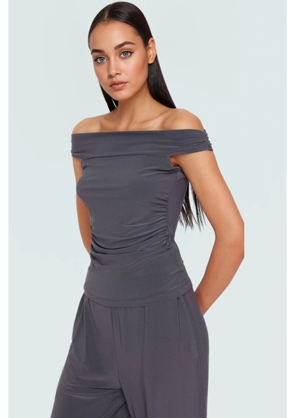 Rahat ve Şık Örme Bluz Pantolon Takım Carmen Yaka Geniş Paça Uzun Boy Mükemmel Uyum fiyatları