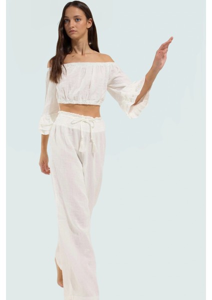 Pamuklu Carmen Yaka Bluz Pantolon Takım Dokuma Kumaş Yazlık Rahat Modern Stil