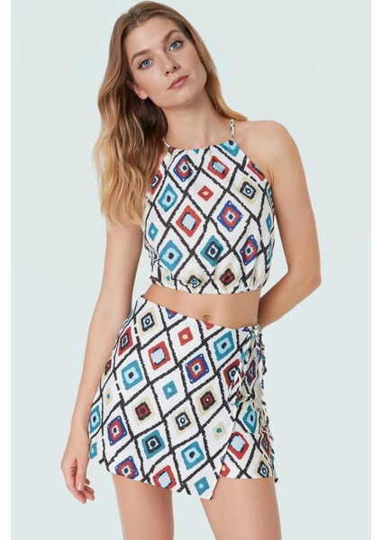 Yazlık Halter Yaka Çok Geometrik Desenli Bluz Etek Takım Rahat Kesim Özel Tasarım