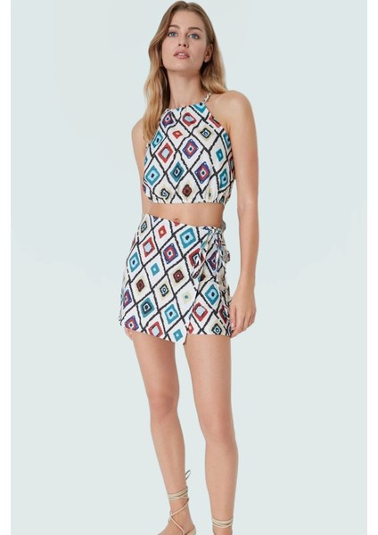 Yazlık Halter Yaka Çok Geometrik Desenli Bluz Etek Takım Rahat Kesim Özel Tasarım fiyatları