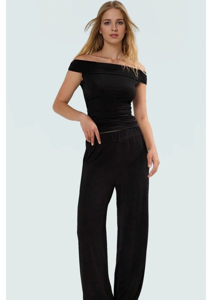 Rahat ve Şık Örme Bluz Pantolon Takım Carmen Yaka Geniş Paça Uzun Boy Mükemmel Uyum