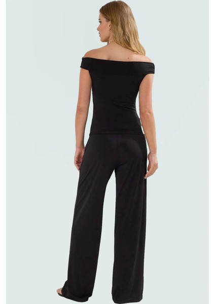 Rahat ve Şık Örme Bluz Pantolon Takım Carmen Yaka Geniş Paça Uzun Boy Mükemmel Uyum modelleri