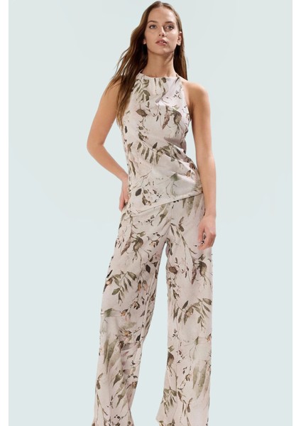 Rahat Geniş Paça Çok Çiçek Baskılı Kolsuz Örme Takım Elbise Yazlık Modern Stil Trend Tasarım