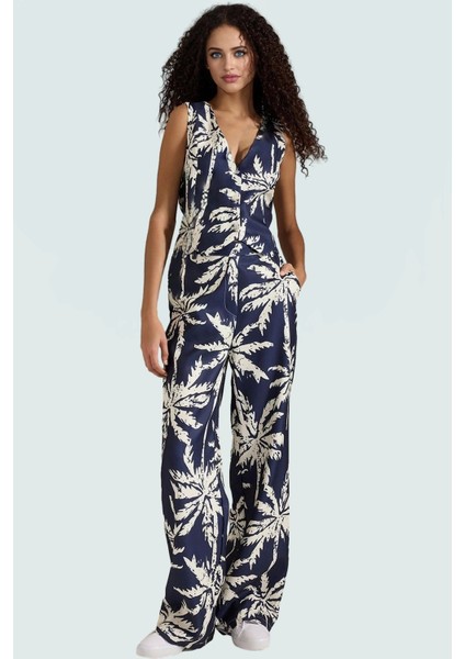 Şık Viskoz Keten Görünümlü V Yaka Yelek ve Geniş Paça Pantolon Takım Seçkin Malzeme Rahat