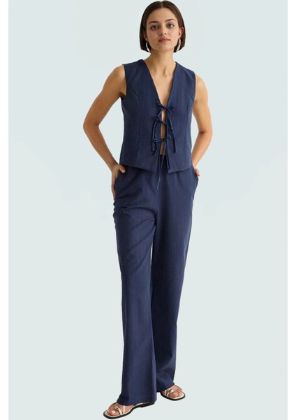 Yazlık Keten Görünümlü Kadın Takım Bluz ve Geniş Paça Pantolon Rahat Şık Dayanıklı Malzeme