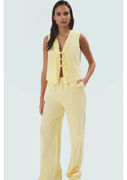 Yazlık Keten Görünümlü Kadın Takım Bluz ve Geniş Paça Pantolon Rahat Şık Dayanıklı Malzeme