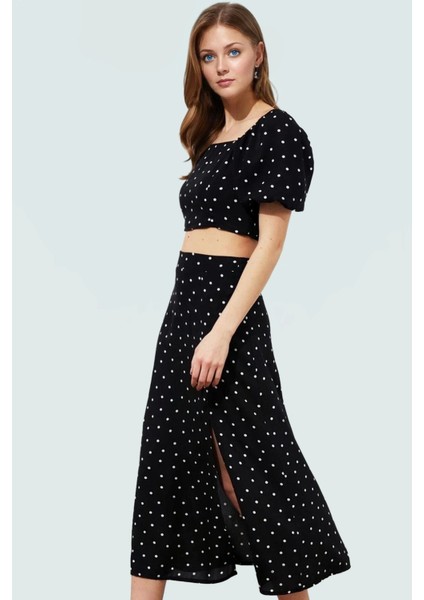 Rahat Yazlık Puantiyeli Viskoz Bluz Etek Takımı Kısa Kollu A Line Profesyonel Görünüm