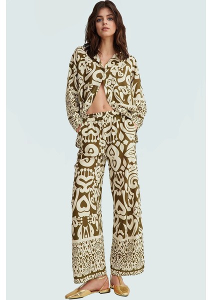 Viskoz Dokuma Takım Elbise Yüksek Bel Geniş Paça Şal Desen Premium Kalite Uzun Ömürlü