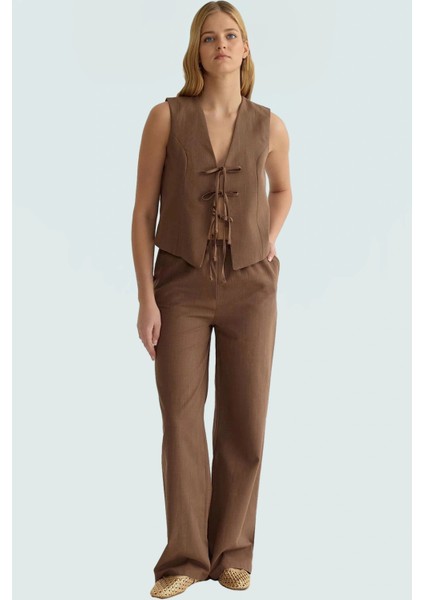 Yazlık Keten Görünümlü Kadın Takım Bluz ve Geniş Paça Pantolon Rahat Şık Dayanıklı Malzeme