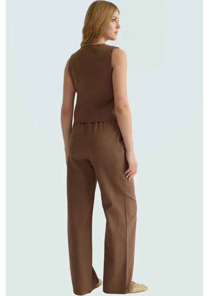 Yazlık Keten Görünümlü Kadın Takım Bluz ve Geniş Paça Pantolon Rahat Şık Dayanıklı Malzeme modelleri