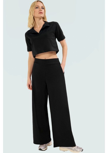 Rahat Kalıp Geniş Paça Örme Takım Kısa Kollu Polo Yaka Trend Tasarım Uzun Ömürlü