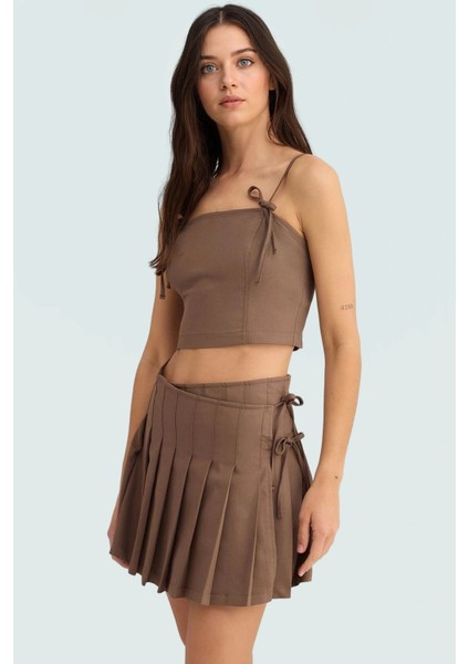 Piliseli Etekli Crop Bluz Takım Gabardin Dokuma Yazlık Günlük Rahat Kullanım Mükemmel Uyum fiyatları