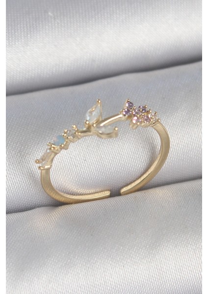 Pirinç Gold Renk Zirkon Taşlı Çiçek Model Ayarlanabilir Kadın Yüzük