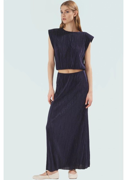 Plise Detaylı Polyester Örme Yazlık Kadın Bluz Etek Takım Günlük Kullanım Için