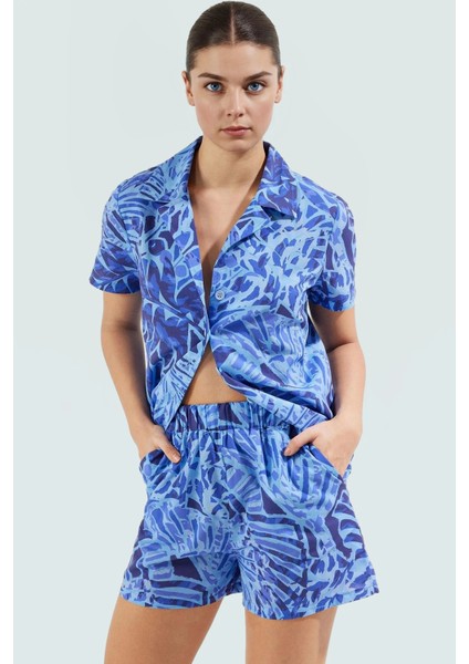 Pamuklu Desenli Kadın Yazlık Gömlek Şort Takım Nefes Alabilen Vual Kumaş Şık Görünüm Rahat ve