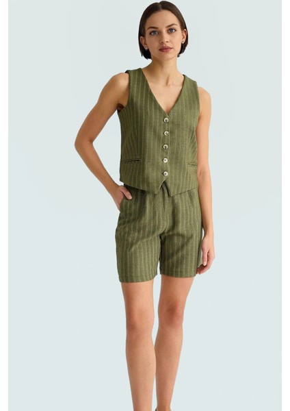 Şık Viskon Süprem Dokuma Yelek Şort Takım Yüksek Bel Yazlık Görünüm Rahat ve