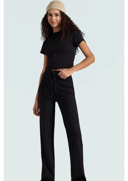 Esnek Rahat Pamuklu Kadın Takım Yüksek Bel Kısa Kollu Modern Stil Şık Görünüm