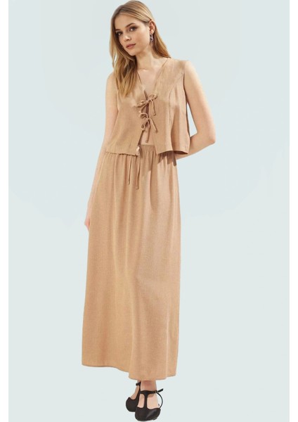 Şık Viskoz Bluz Etek Takım A Line Kolsuz Lastikli Bel Seçkin Malzeme Dayanıklı