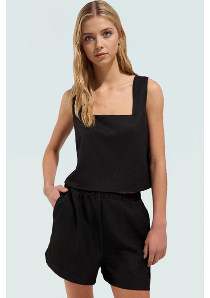 Yazlık Keten Görünümlü Kadın Takım Elbise Şort ve Bluz Yüksek Bel Rahat Şık