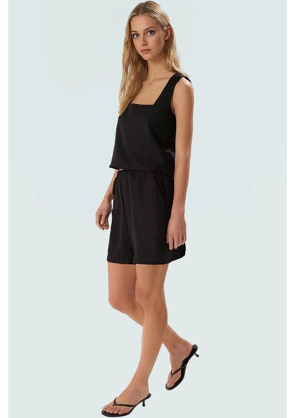 Yazlık Keten Görünümlü Kadın Takım Elbise Şort ve Bluz Yüksek Bel Rahat Şık fiyatları