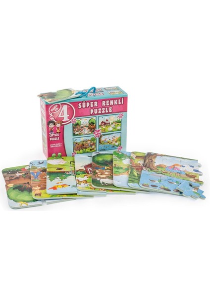 Özel 3222 Dıytoy Süper Renkli 4'lü Puzzle - Çiftlik / 8+12+16+24 Parça Puzzle Fırsat!!!