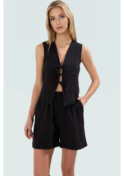 Yazlık Şort Bluz Takım; Keten Görünümlü Yüksek Bel Pamuklu Rahat Mükemmel Uyum