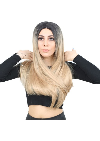 Özel Fiber Sentetik Uzun Düz Peruk - Siyah / Balköpüğü Ombreli
