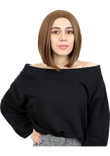 Özel Kahkülsüz Düz Kısa Fiber Sentetik Peruk - Kumral