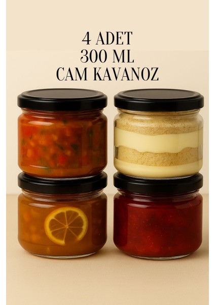 4 Adet 300 ml Metal Konserve Kapaklı Magnolya ve Gıda Saklama 300 cc Şeffaf Cam Kavanoz