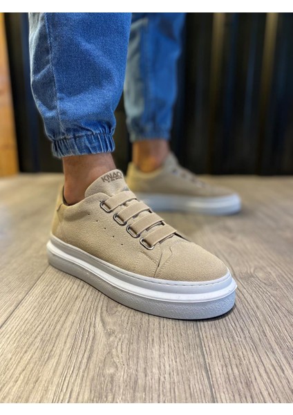 J521 Bağcıksız Lastikli 4 Bantlı Ortopedik Taban Erkek Günlük Süet Sneaker Spor Ayakkabı Bt Vizon