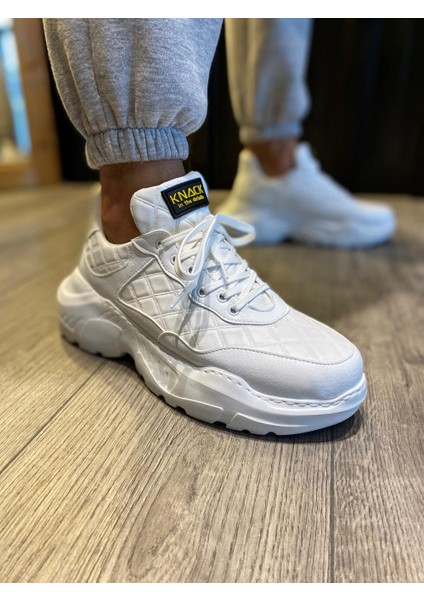 J-N75 Bağcıklı Ortopedik Taban Erkek Kapitone Desenli Günlük Sneaker Spor Ayakkabı Bt Beyaz
