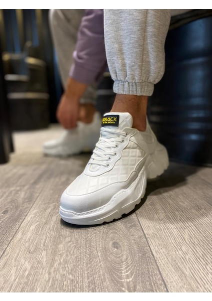 J-N75 Bağcıklı Ortopedik Taban Erkek Kapitone Desenli Günlük Sneaker Spor Ayakkabı Bt Beyaz