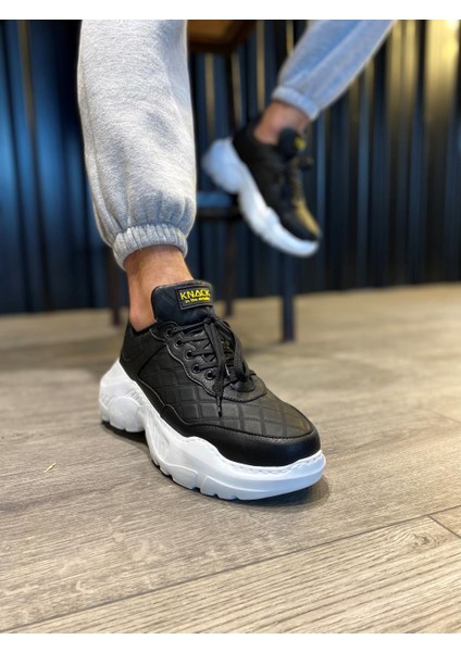 J-N75 Bağcıklı Ortopedik Taban Erkek Kapitone Desenli Günlük Sneaker Spor Ayakkabı Bt Siyah