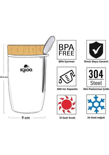 Çelik Yemek Termos - Igloo - Bamboo - 500 ml - Beyaz - 205789