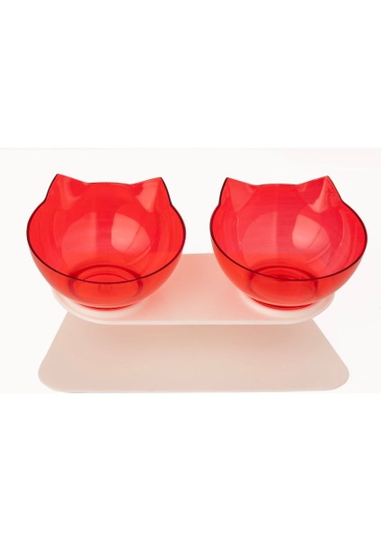 Kedi Kafalı Ikili Mama ve Su Kabı, Şık Kırmızı Tasarım