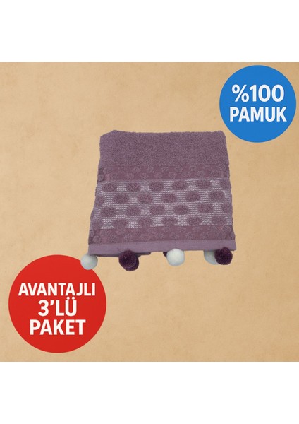 Maela 3'lü Ponponlu Mor El ve Yüz Havlusu (50X85)