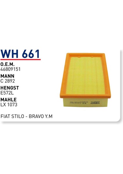Wh661 Οem 46809151 Fiat stılo bravo Y.m Otomobil hava filtre air filter