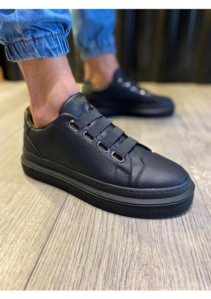 J521 Bağcıksız Lastikli 4 Bantlı Ortopedik Taban Erkek Günlük Sneaker Spor Ayakkabı St Siyah
