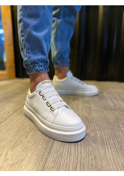 J521 Bağcıksız Lastikli 4 Bantlı Ortopedik Taban Erkek Günlük Sneaker Spor Ayakkabı Bt Beyaz