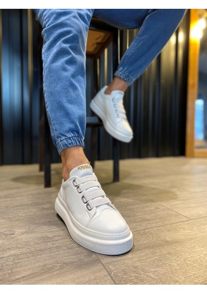 J521 Bağcıksız Lastikli 4 Bantlı Ortopedik Taban Erkek Günlük Sneaker Spor Ayakkabı Bt Beyaz