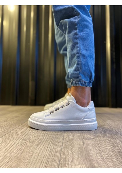J521 Bağcıksız Lastikli 4 Bantlı Ortopedik Taban Erkek Günlük Sneaker Spor Ayakkabı Bt Beyaz