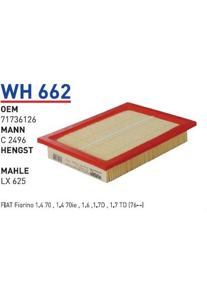Wh662 Oem 71736126 Fiat fiorino 1.4 70 1.4 70 ie Otomobil hava filtre air filter