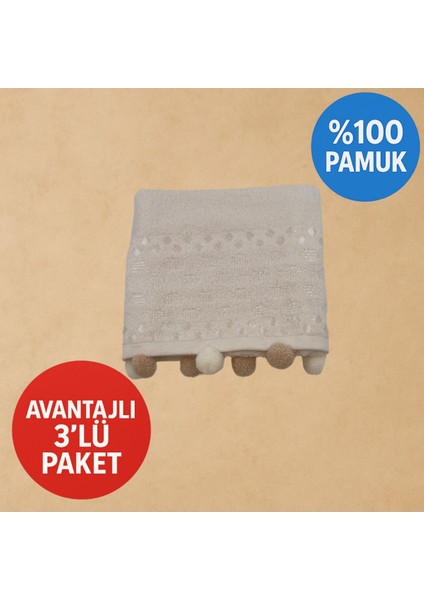 Aunna 3'lü Ponponlu Krem El ve Yüz Havlusu (50X85)