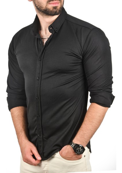 Slim Fit Dar Kesim Pamuklu Spor Gömlek Jakar Kumaş Likralı Gömlek 2500552